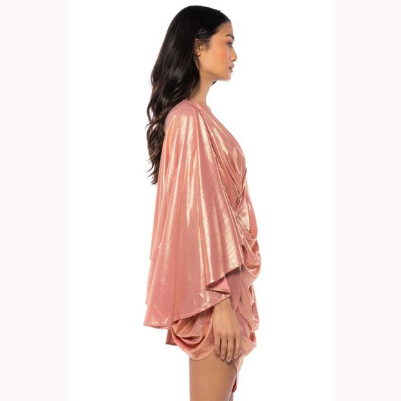 💥BOMBSHELL!💥Asymmetrical Draped Kimono Sleeve Dress in Metallic Pink - Picture 5 of 16